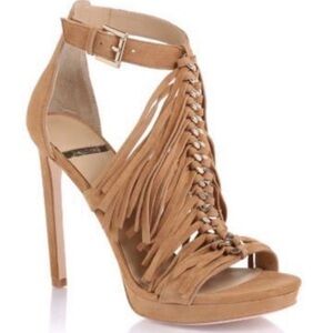 Marciano Cassie Suede Tan Fringe Heels with Stiletto